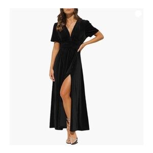 Black Velvet Maxi Dress with Side Slit – Formal Wedding Guest Dress – XL